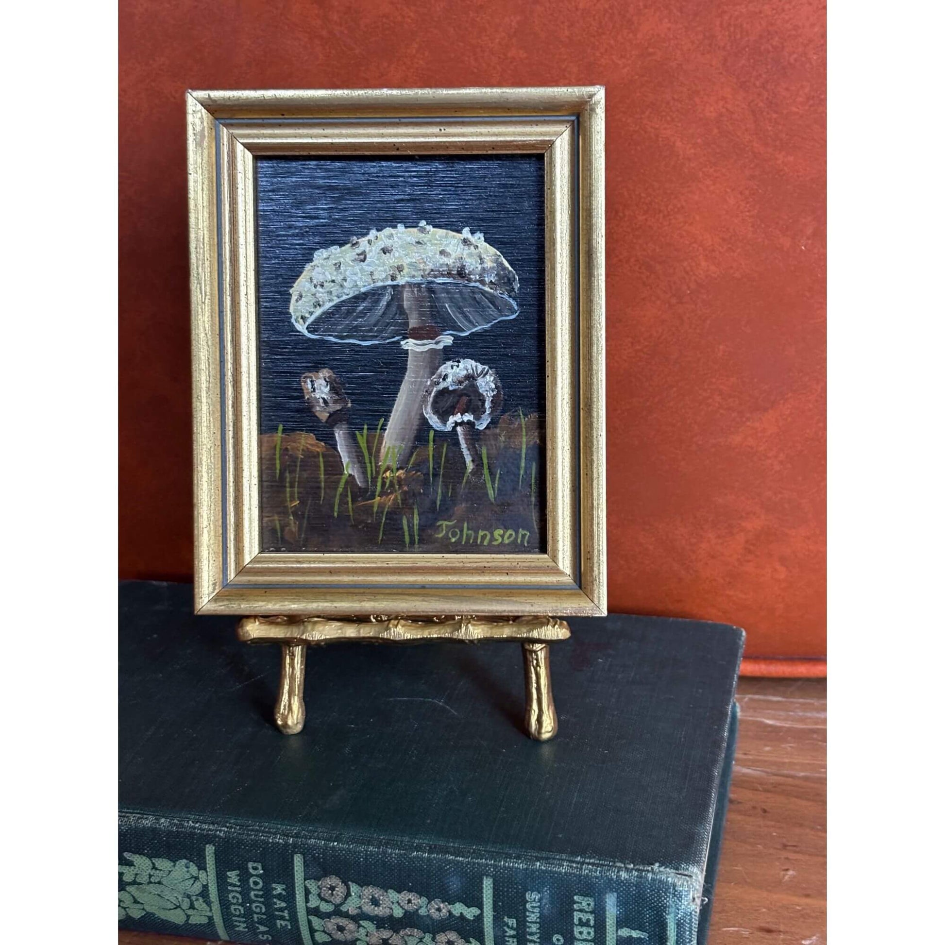 Tiny Vintage Signed Mushroom Painting with Gold Easel image 1