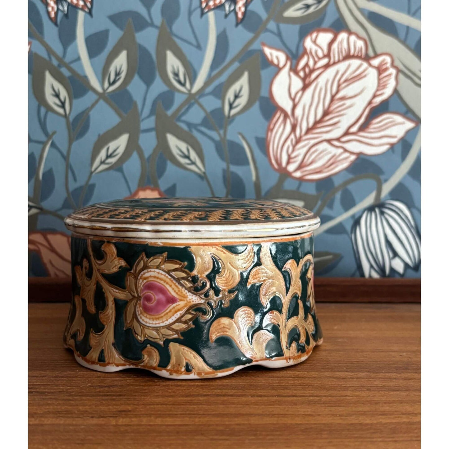 Vintage Japanese Dark Teal & Pink Paisley Lidded Jar image 0