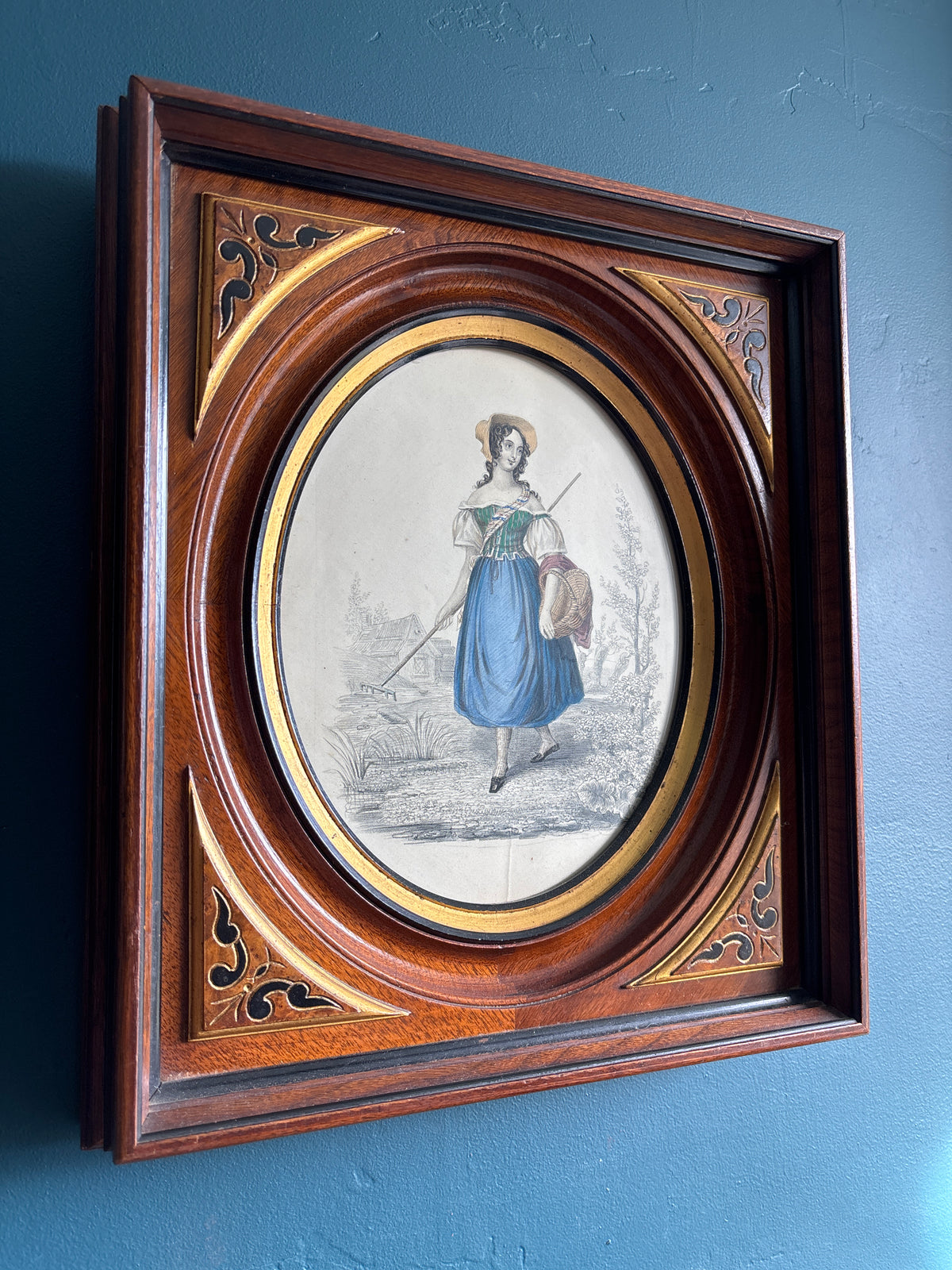 Antique Hand Colored Woman Engaving or Lithograph w/ Wood Frame