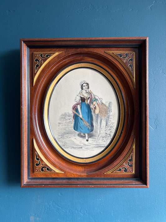 Antique Hand Colored Woman Engraving or Lithograph w/ Wood Frame