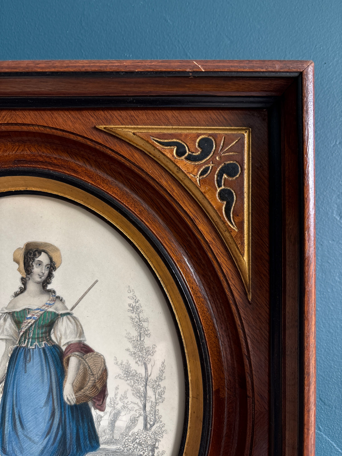Antique Hand Colored Woman Engaving or Lithograph w/ Wood Frame