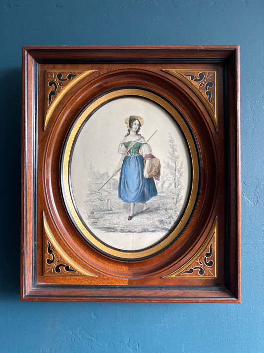Antique Hand Colored Woman Engaving or Lithograph w/ Wood Frame