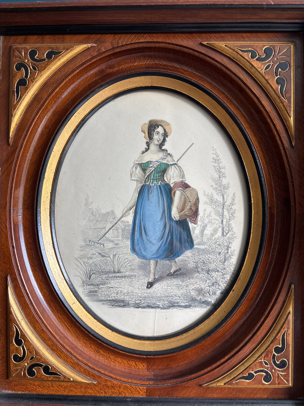 Antique Hand Colored Woman Engaving or Lithograph w/ Wood Frame