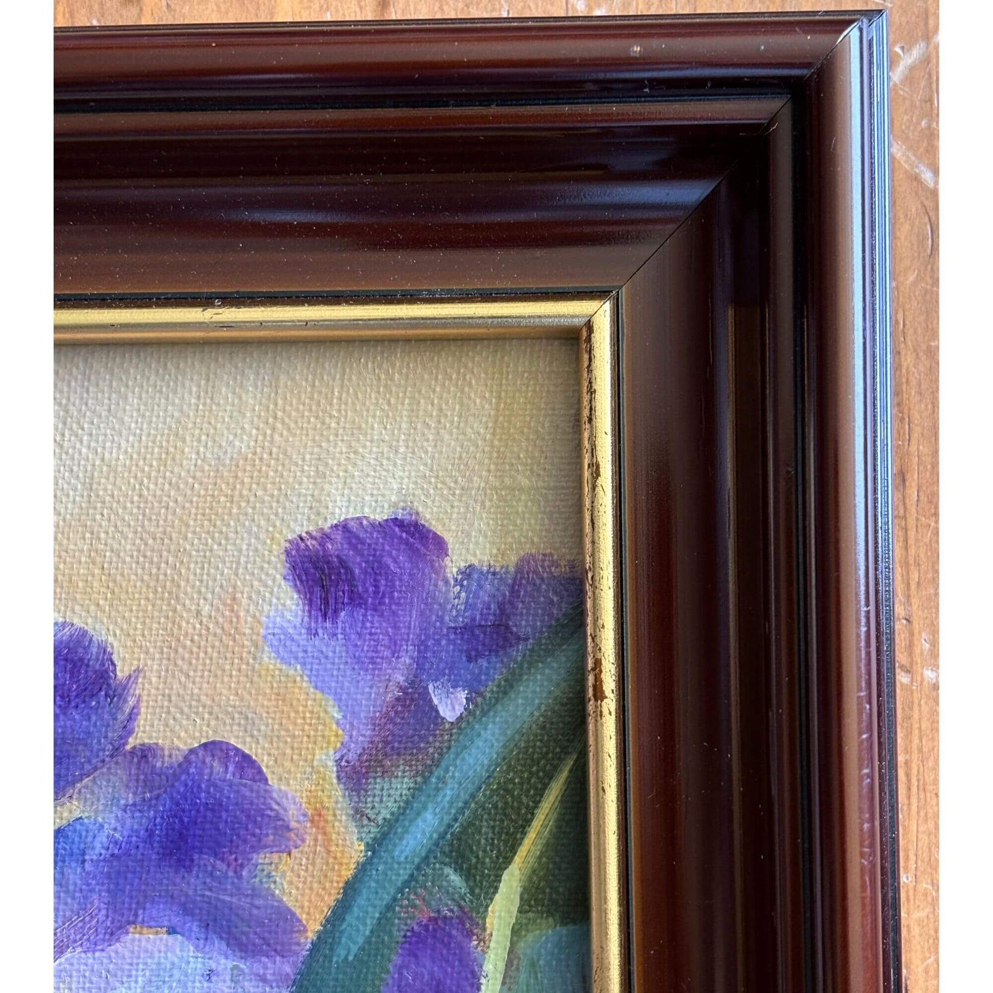 Gorgeous Framed Iris Oil Painting Dark Wood with Gold 9x12 image 6