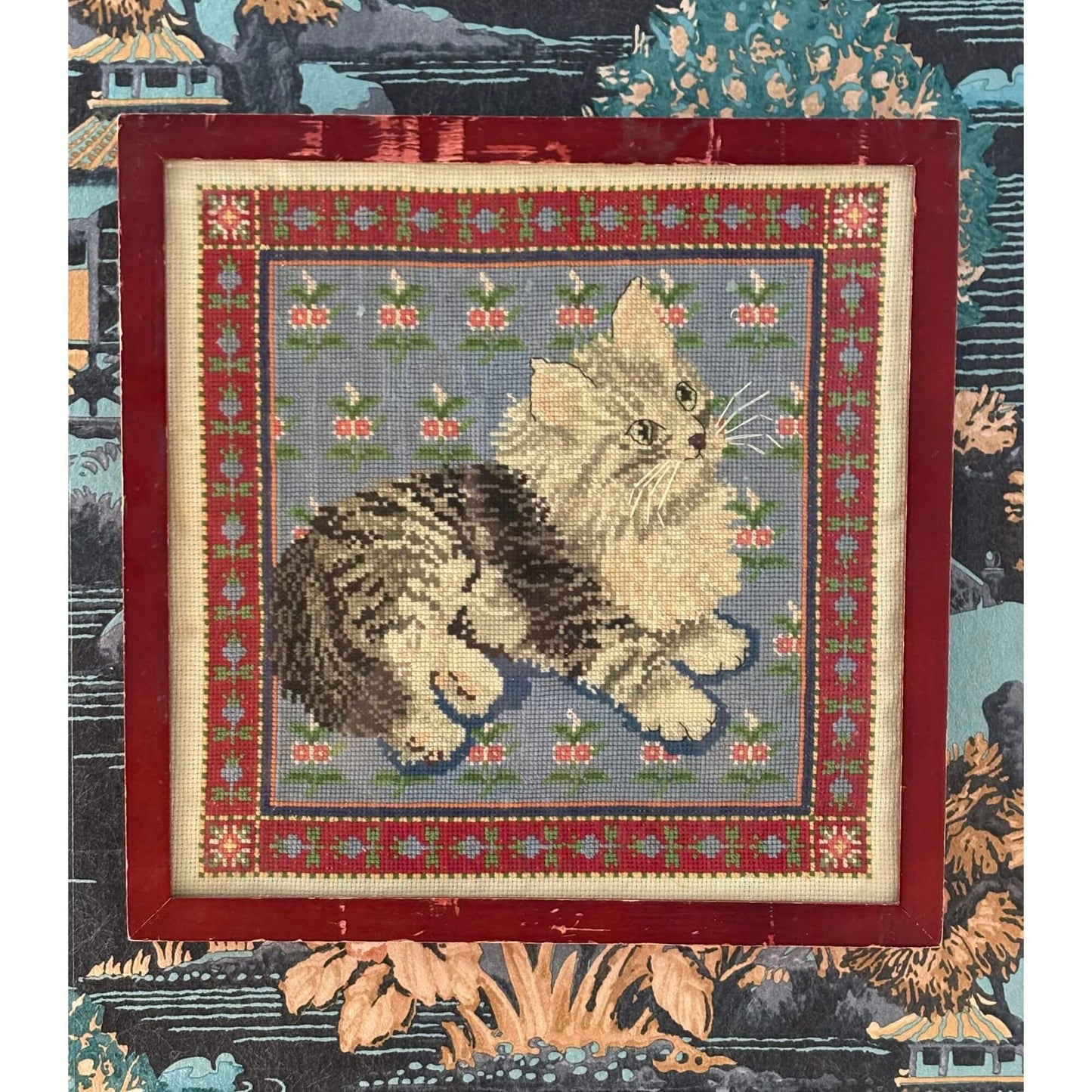 Adorable Vintage Cat Needlepoint Framed under Glass image 5