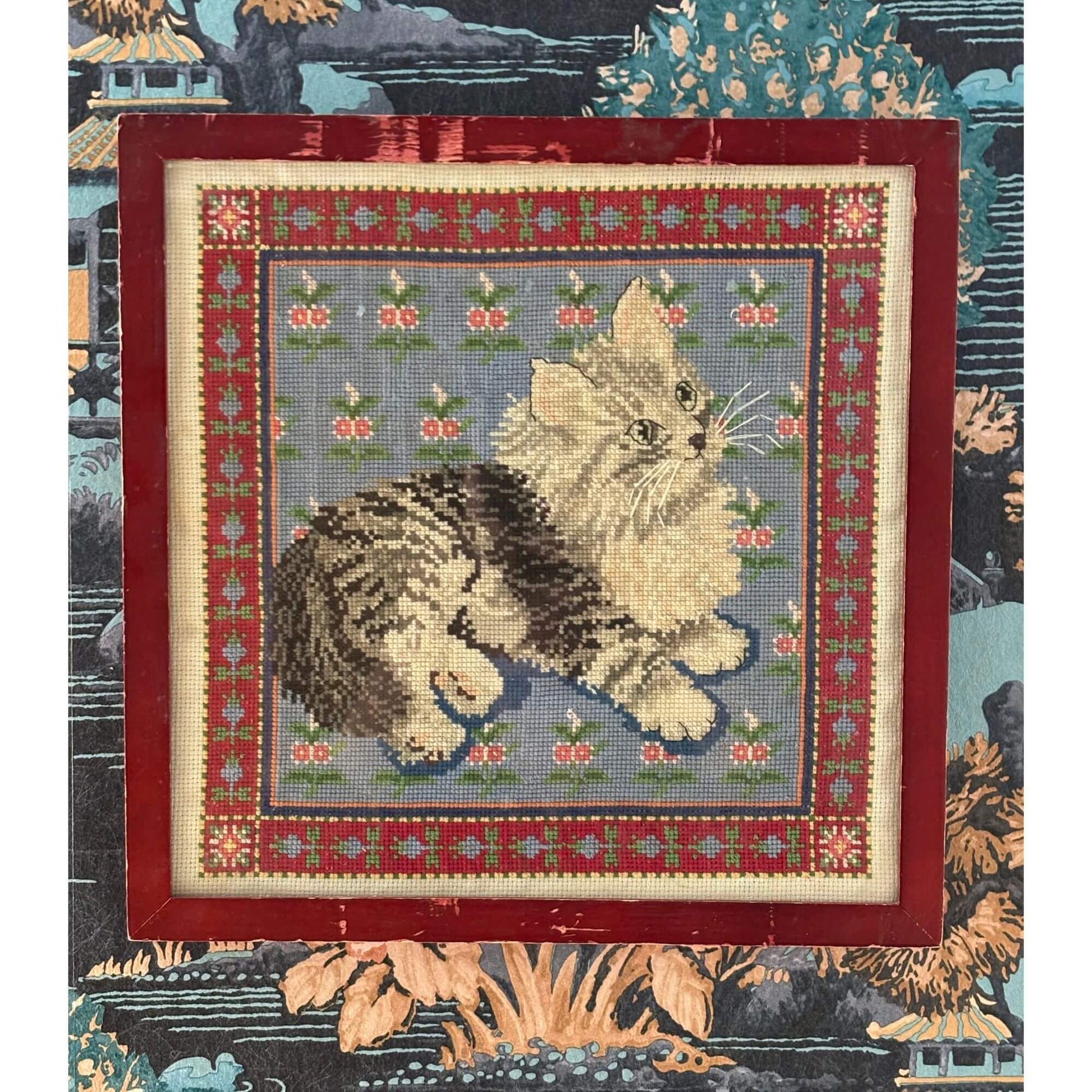 Adorable Vintage Cat Needlepoint Framed under Glass image 5