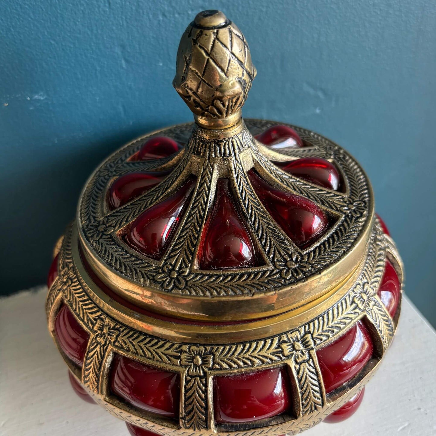 Stunning Vintage Ruby Red Bubble Glass Brass Jar image 5