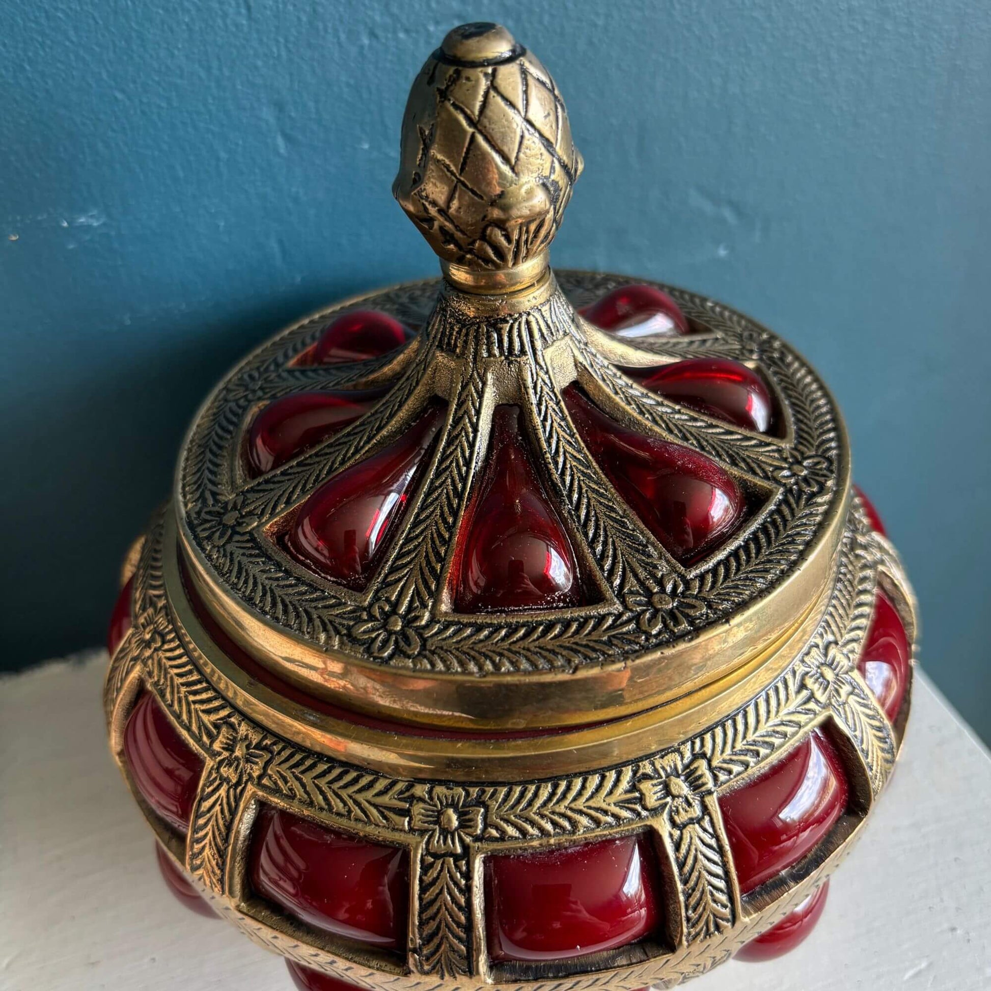 Stunning Vintage Ruby Red Bubble Glass Brass Jar image 5
