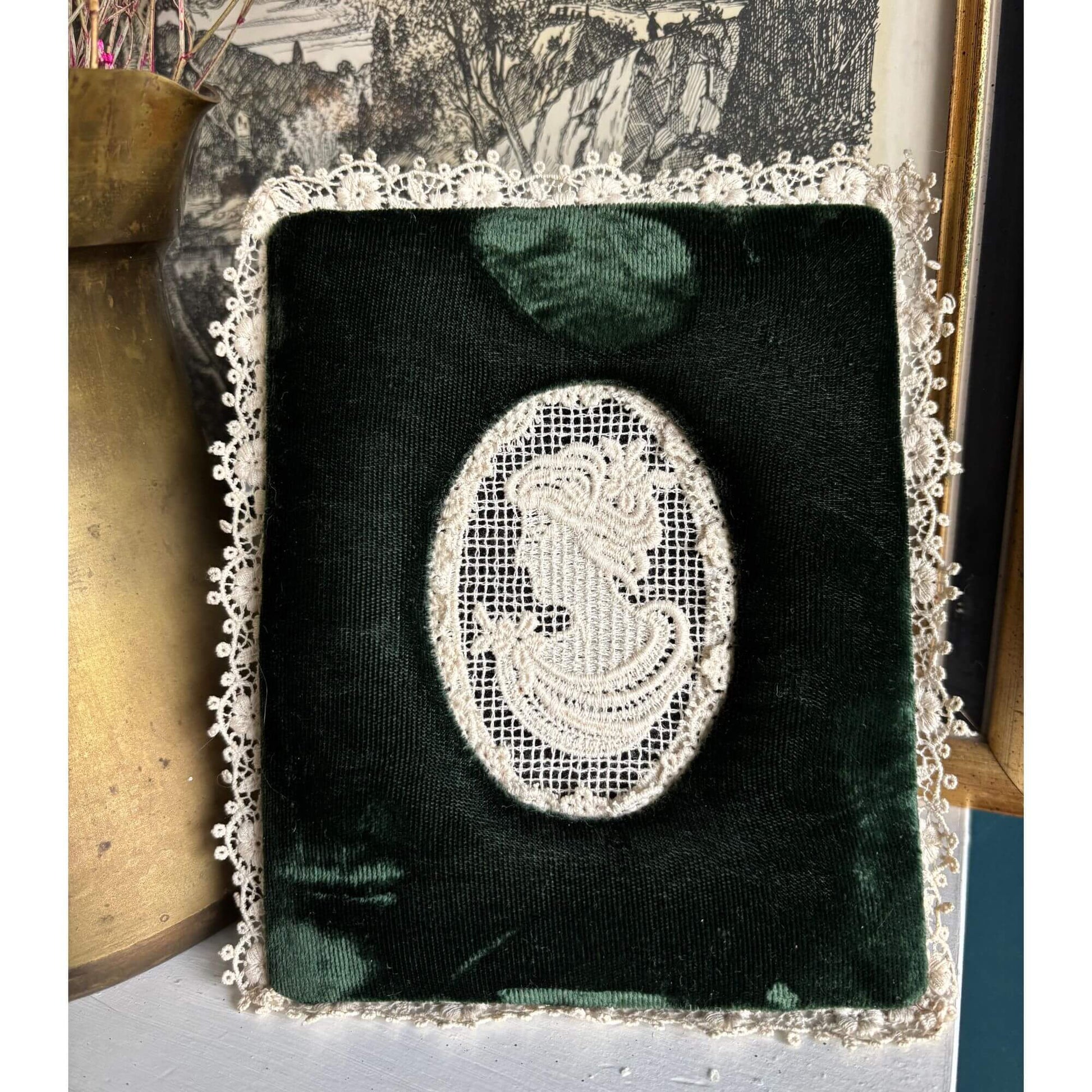 Vintage Green Velvet Lace Cameo Pin Cushion Frame image 4