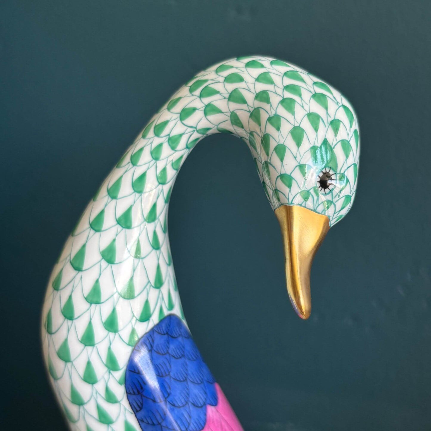 Large Herend Green Fishnet Goose figurine with Golden Egg 7.5" image 3