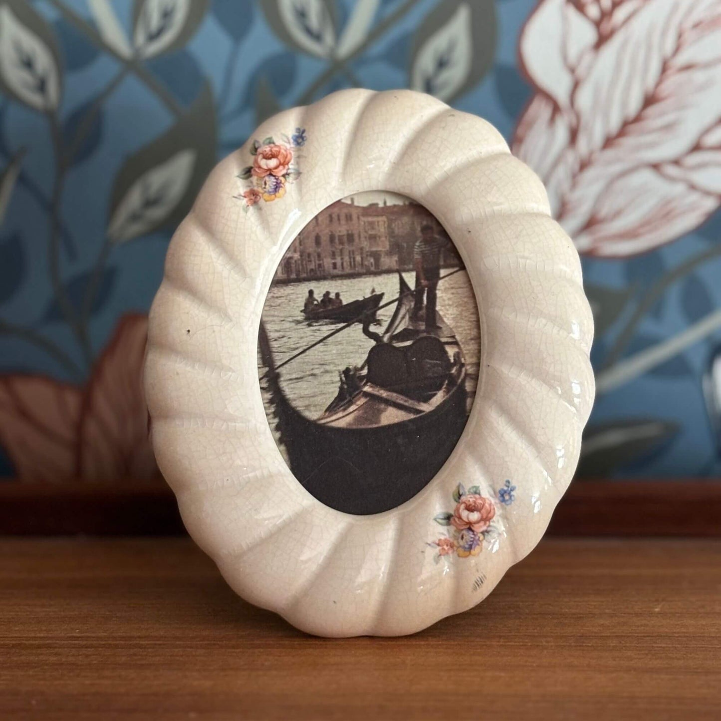 Vintage Scalloped Ceramic Crazed Floral Frame image 0