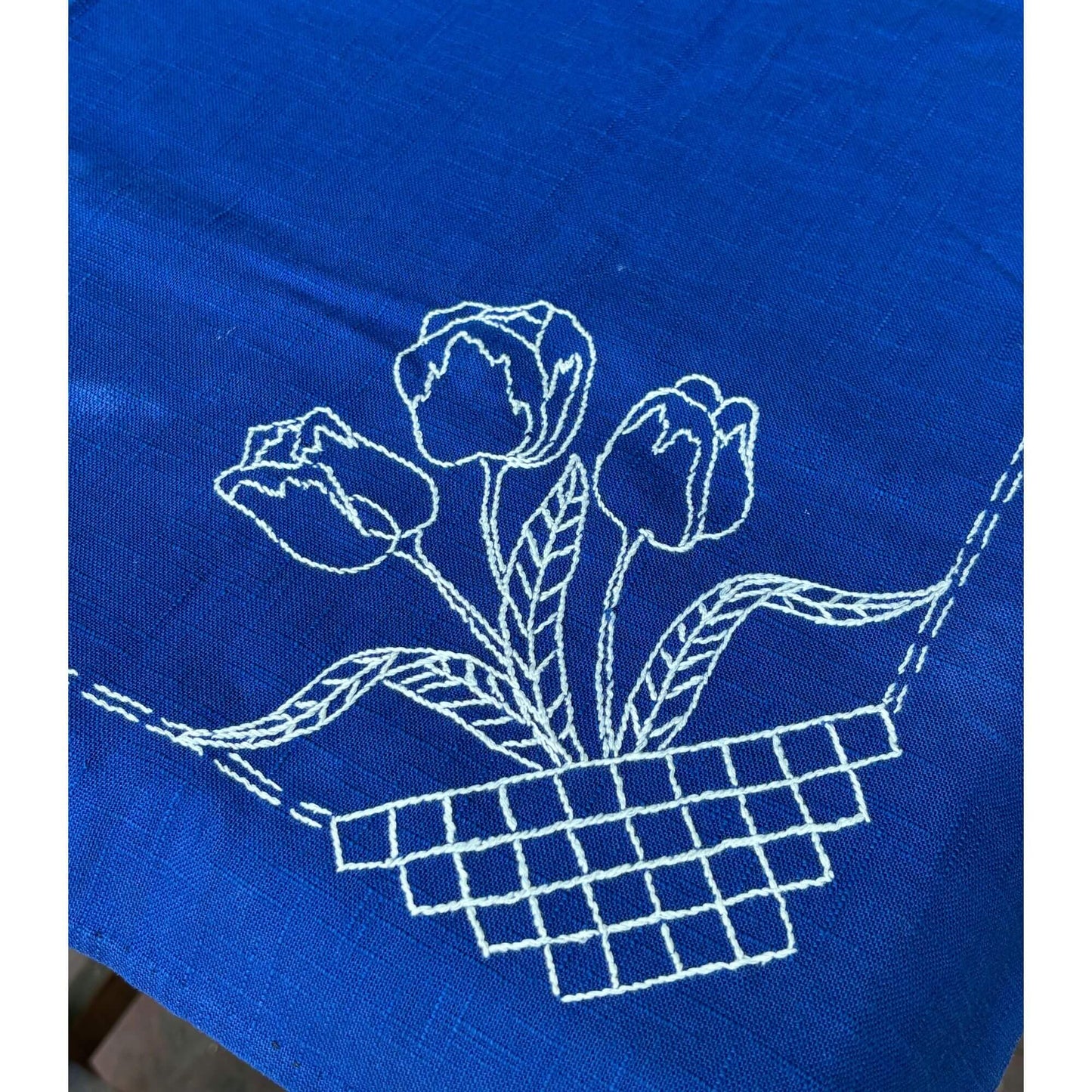 Vintage Royal Blue Linen White Tulip Embroidery Tablecloth image 1