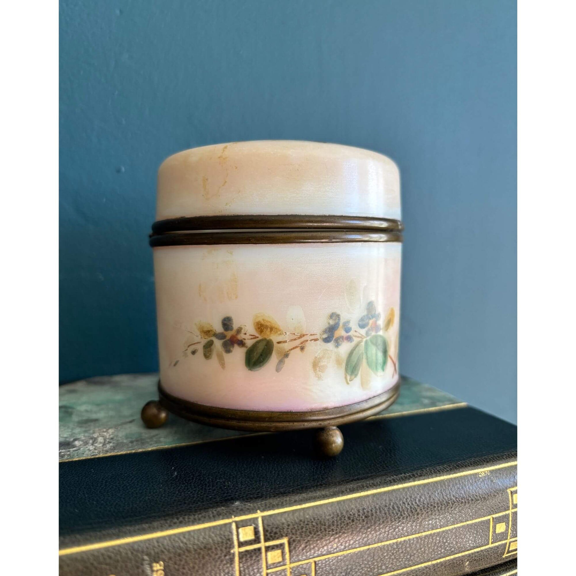 Antique Opaline Glass Blush Pink Hand Painted Butterfly Box image 2