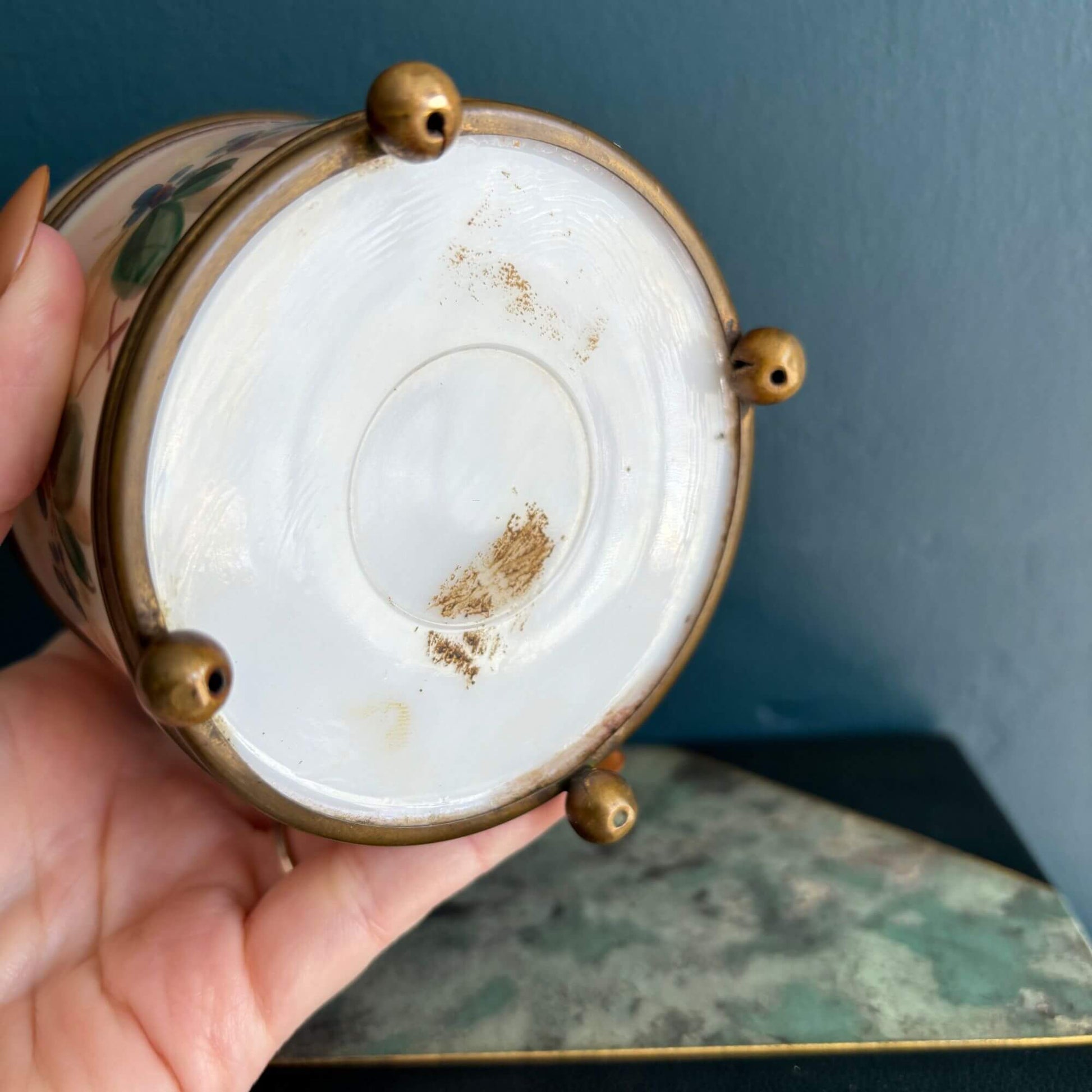 Antique Opaline Glass Blush Pink Hand Painted Butterfly Box image 3