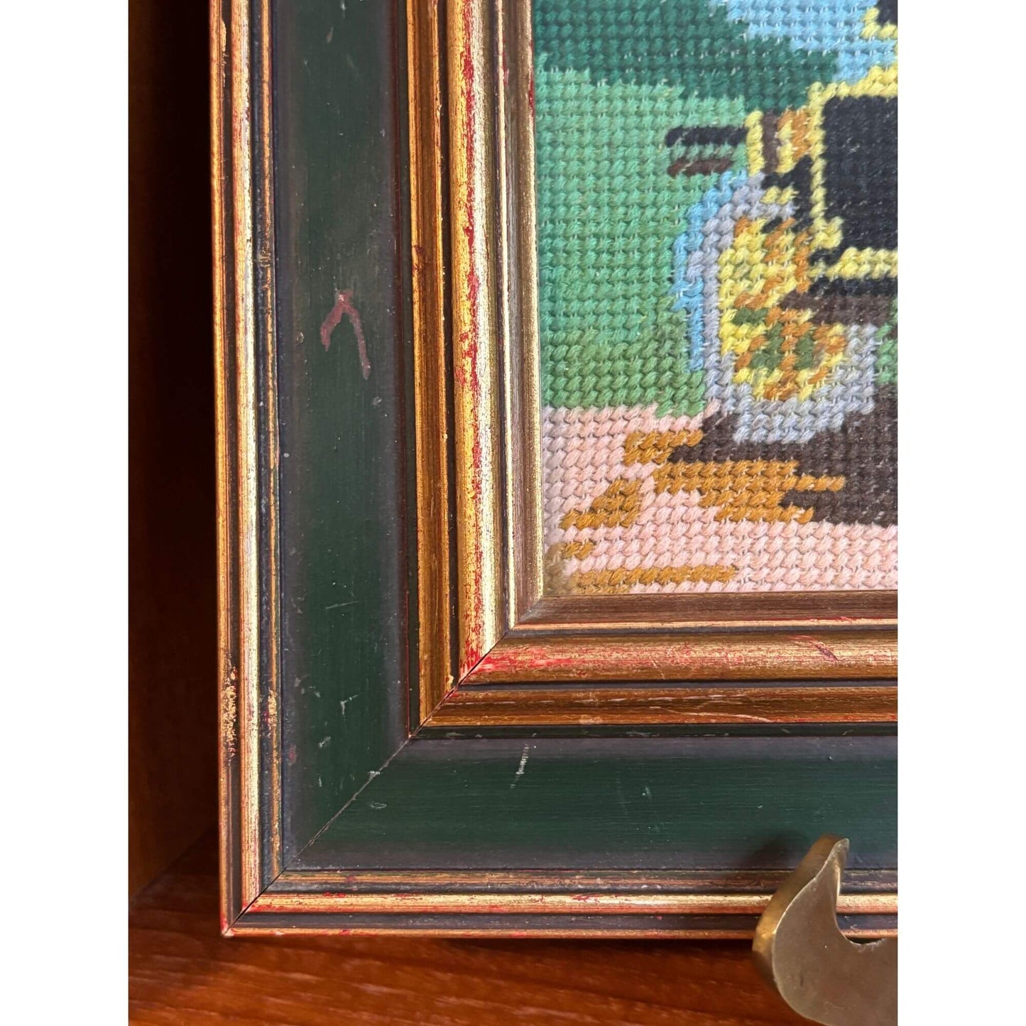 Vintage Needlepoint of an Antique Car Wooden Frame image 1