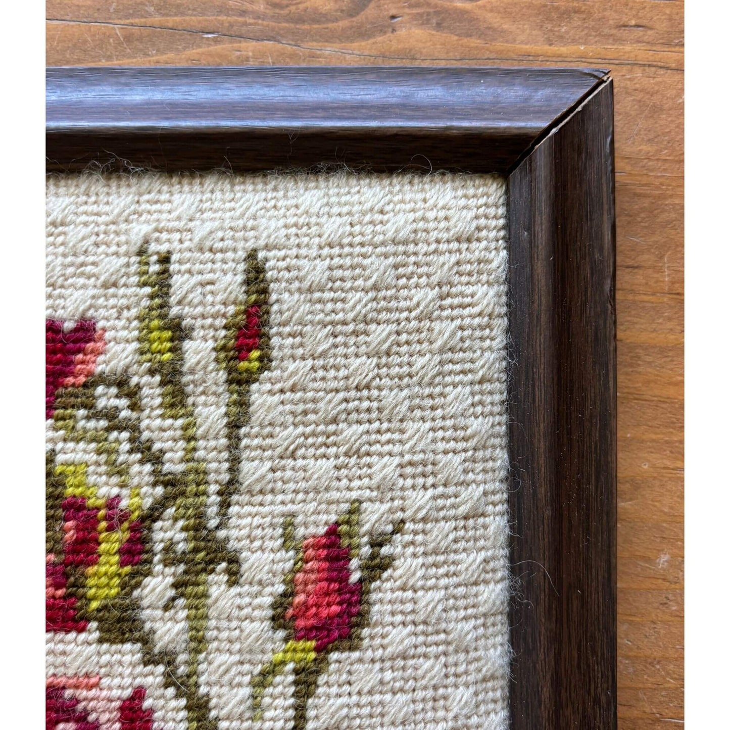 Vintage Roses Needlepoint Framed Red & Pink image 2