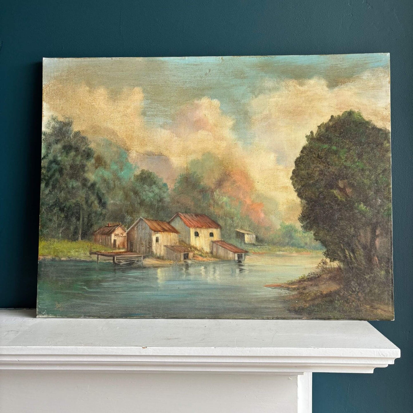 Vintage Signed Riverbank Country Oil Painting 24x18 image 6