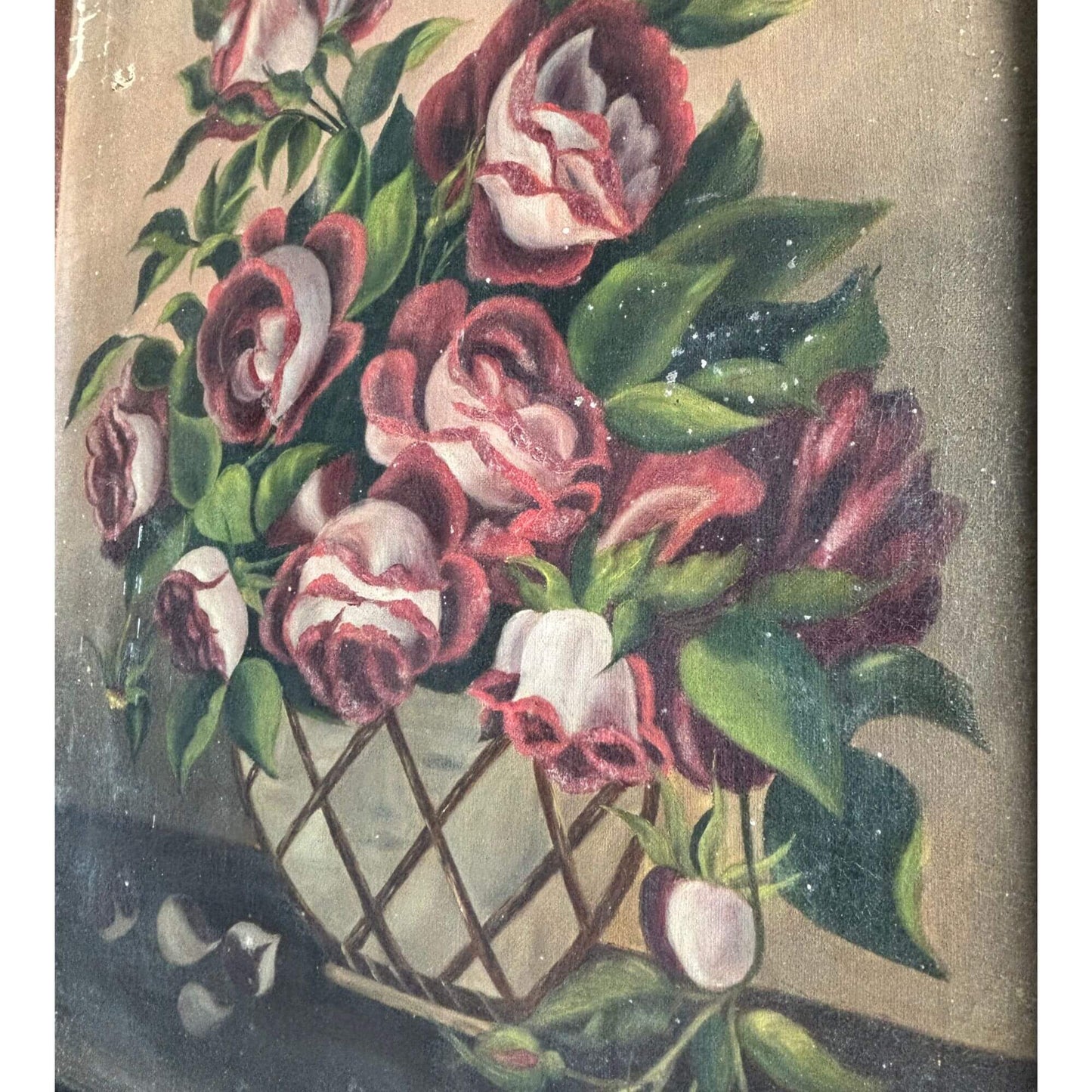 Antique European Oil Painting Framed Moody Still Life Roses image 2