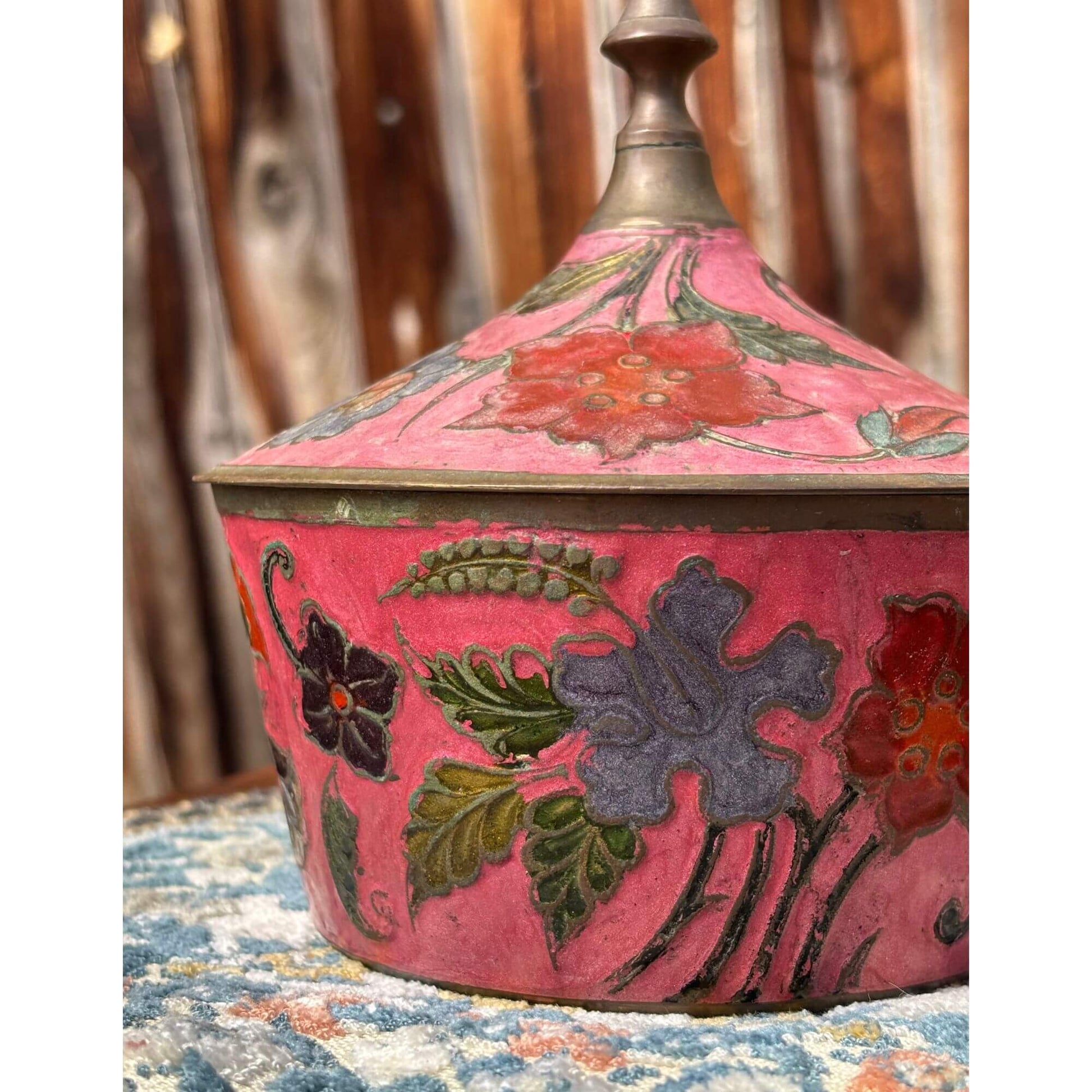Vintage Enamel Brass Jar Pinks & Reds image 0