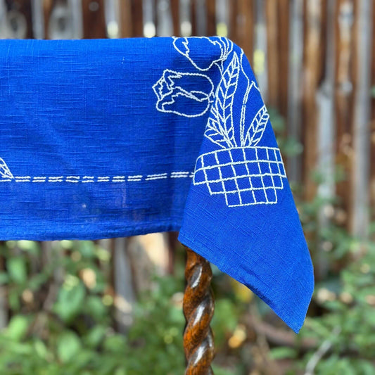 Vintage Royal Blue Linen White Tulip Embroidery Tablecloth image 0