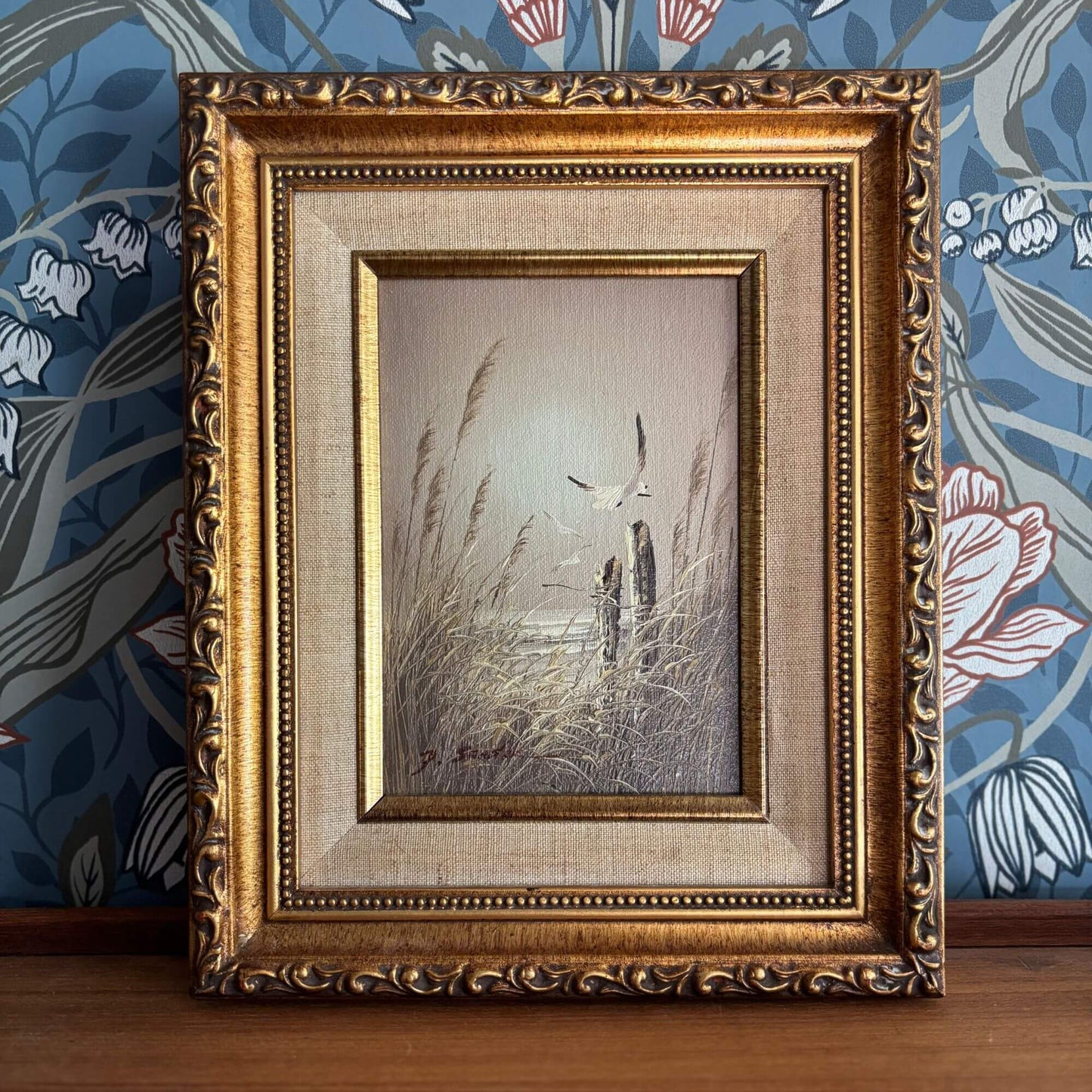 Vintage Coastal Seagull Beach Painting Gold Frame image 0