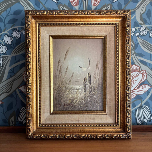 Vintage Coastal Seagull Beach Painting Gold Frame image 0