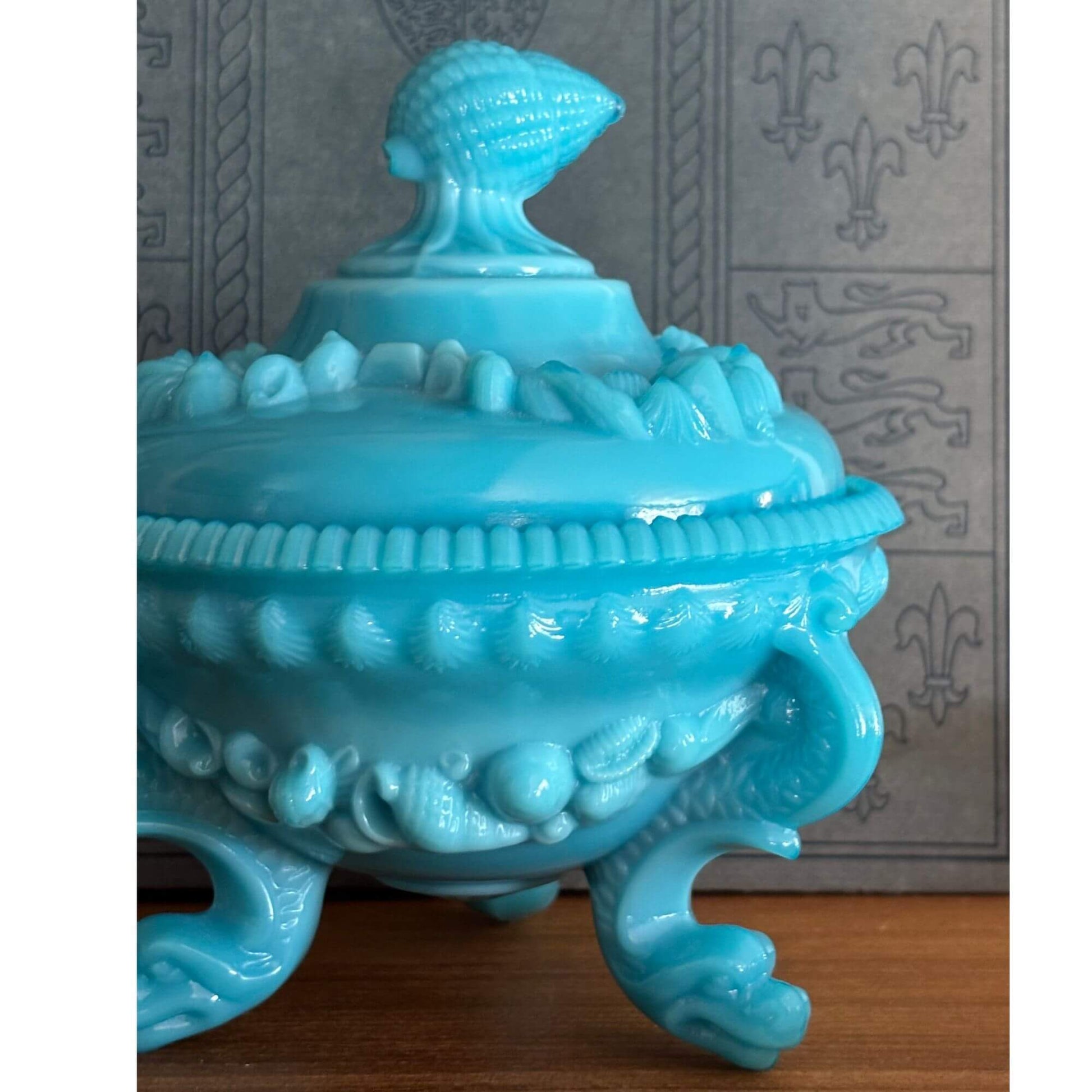 French Portieux Vallerysthal Opaline Glass Shell & Dragons Lidded Dish image 1