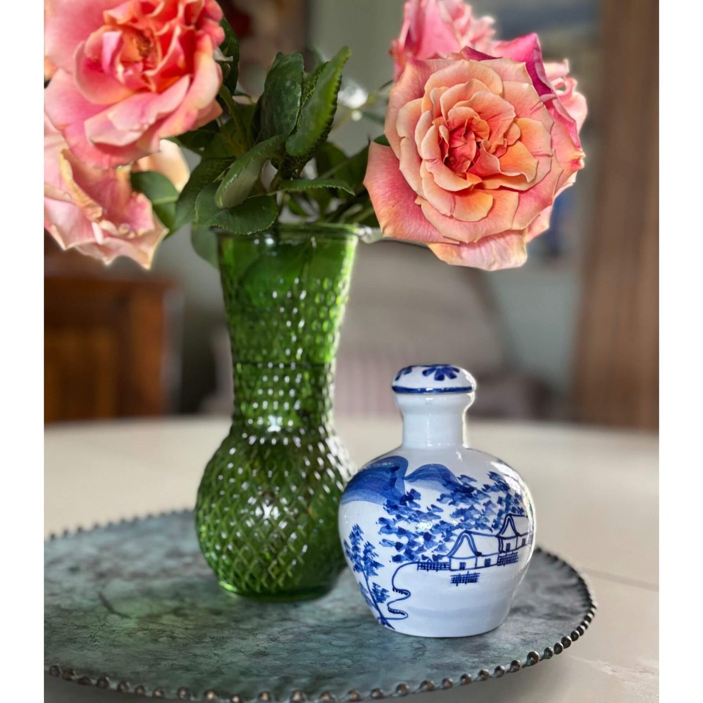Vintage Blue & White Porcelain Bulbous Jar with Stopper image 1