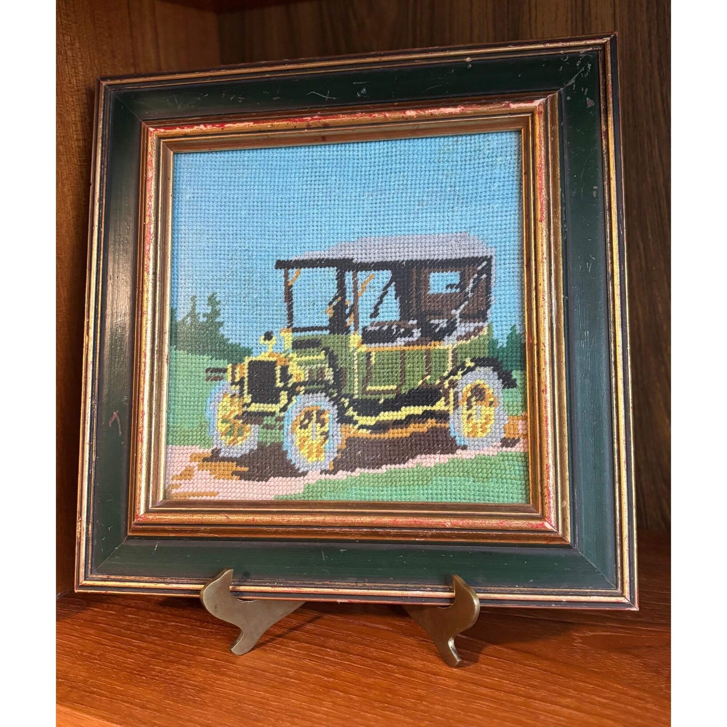 Vintage Needlepoint of an Antique Car Wooden Frame image 0