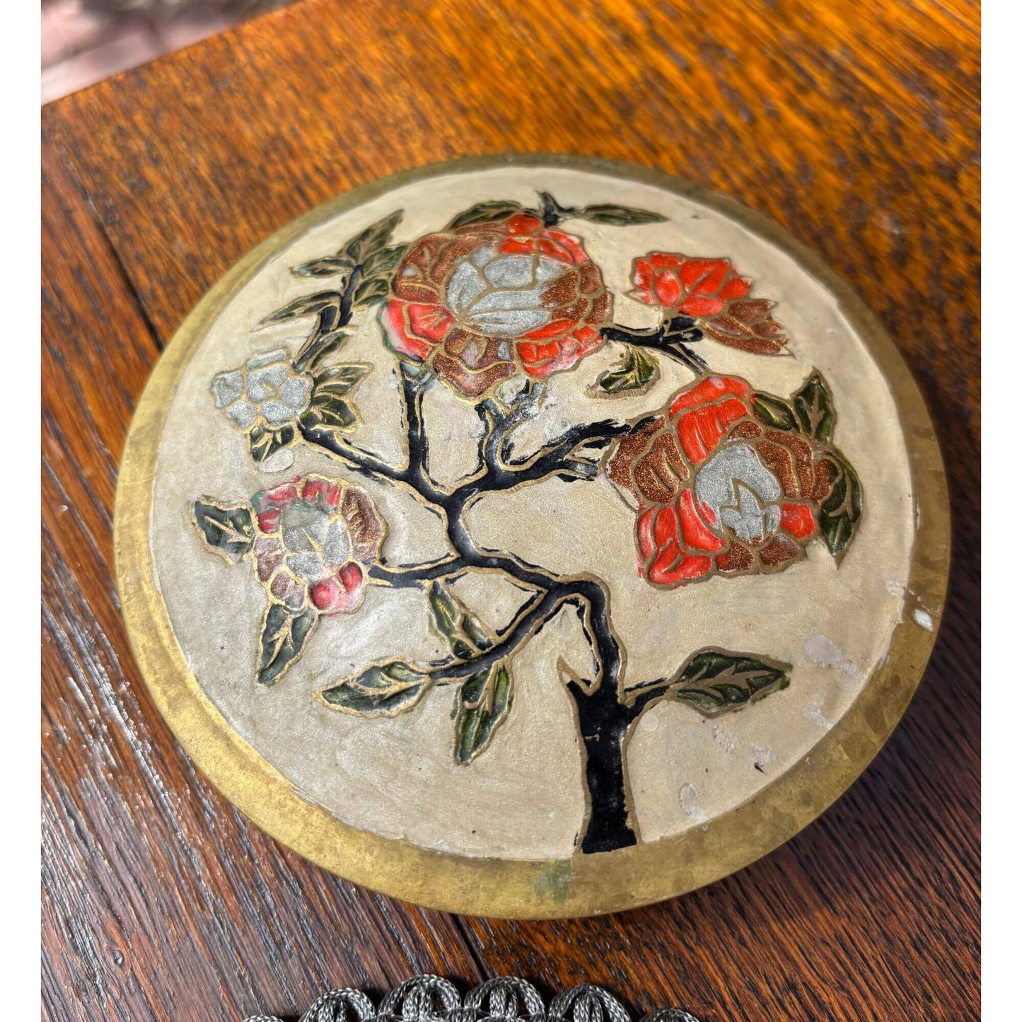 Vintage Brass Floral Enamel Bisque Beige Jar image 0