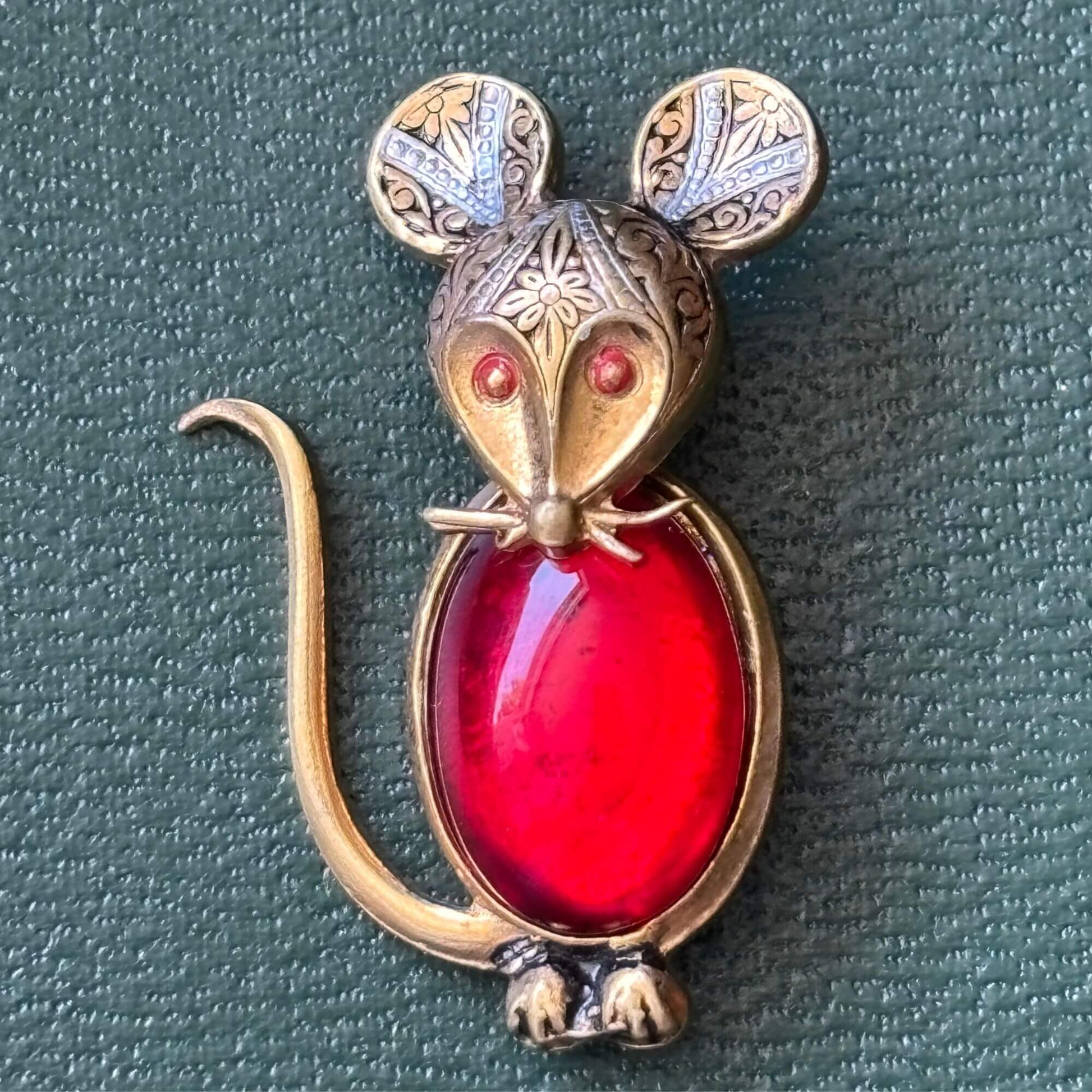Vintage Adorable Damascene Red Jelly Belly Mouse Brooch image 1