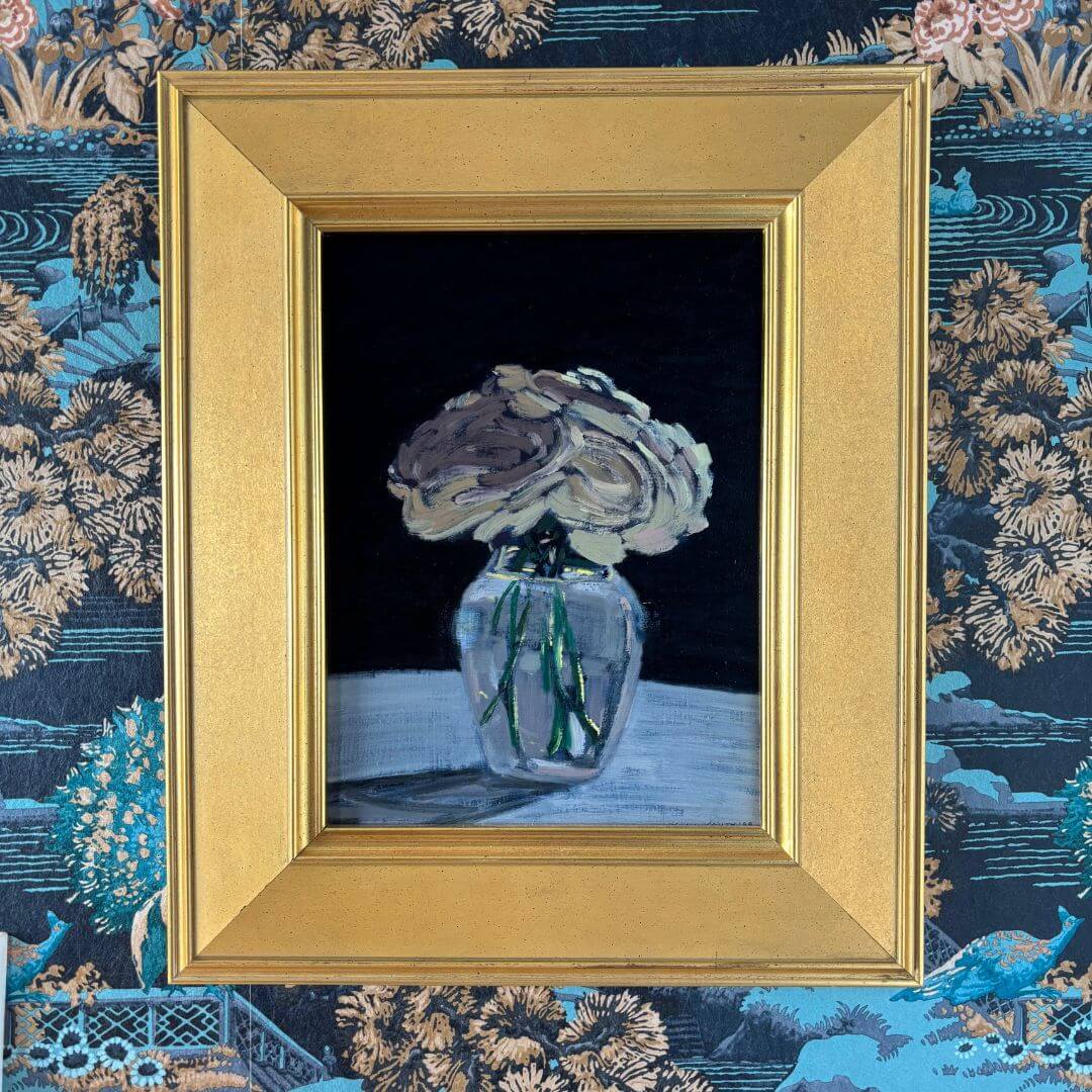 Gray & Silver Roses Signed Oil Painting