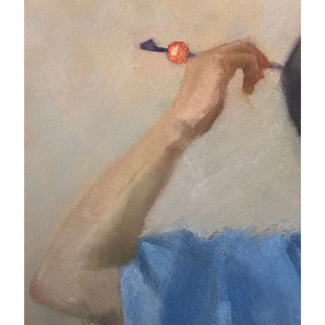 Vintage Signed Oil Painting Woman in Blue Kimono Red Obi - Image 4