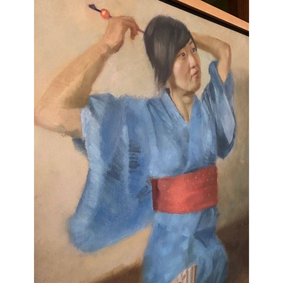 Vintage Signed Oil Painting Woman in Blue Kimono Red Obi - Image 11
