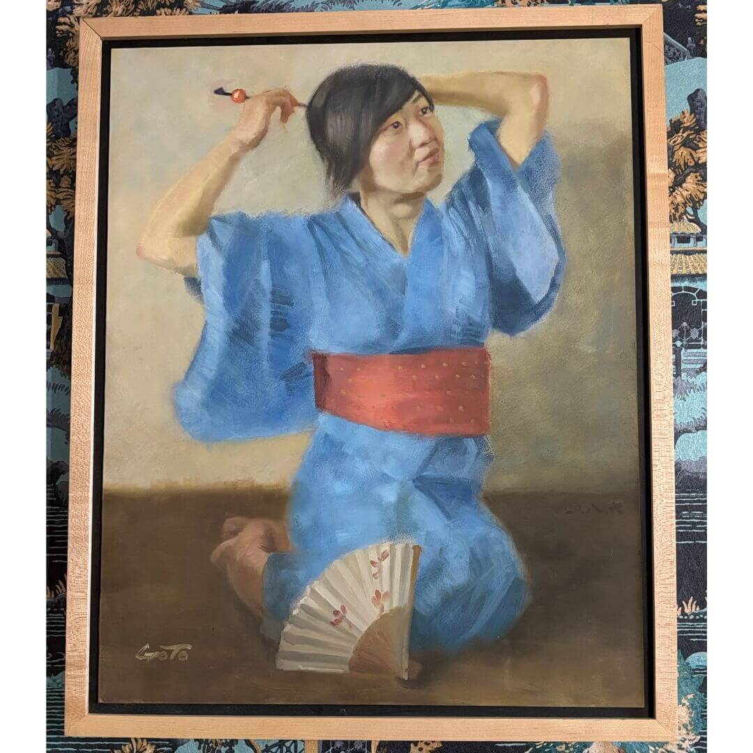 Vintage Signed Oil Painting Woman in Blue Kimono Red Obi - Image 5