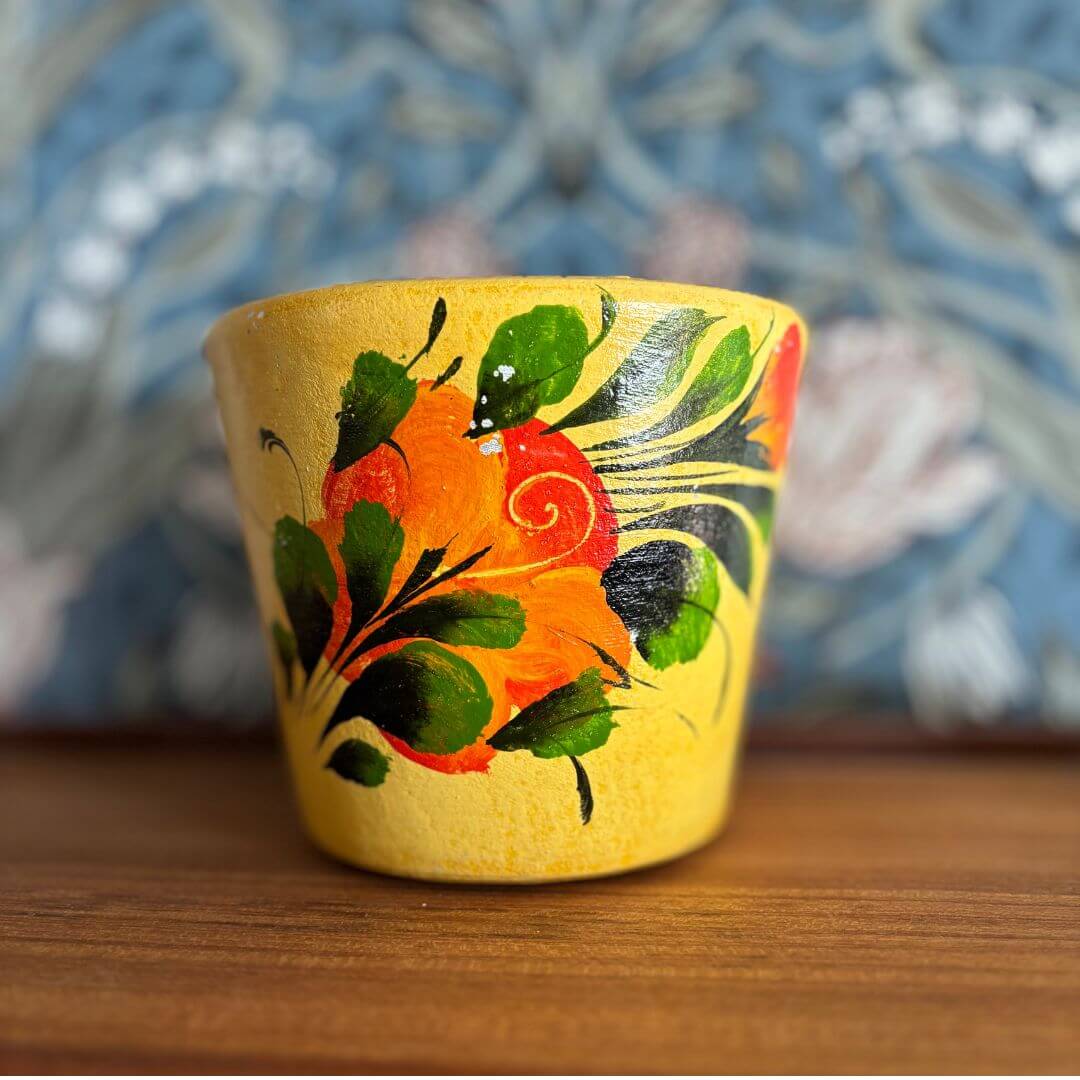Vintage Yellow Pottery Handpainted Flower Planter - Image 2