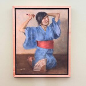 Vintage Oil Painting Woman in blue kimono