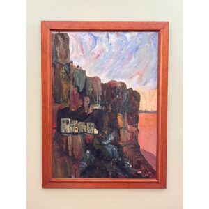 Large signed mountainside oil painting