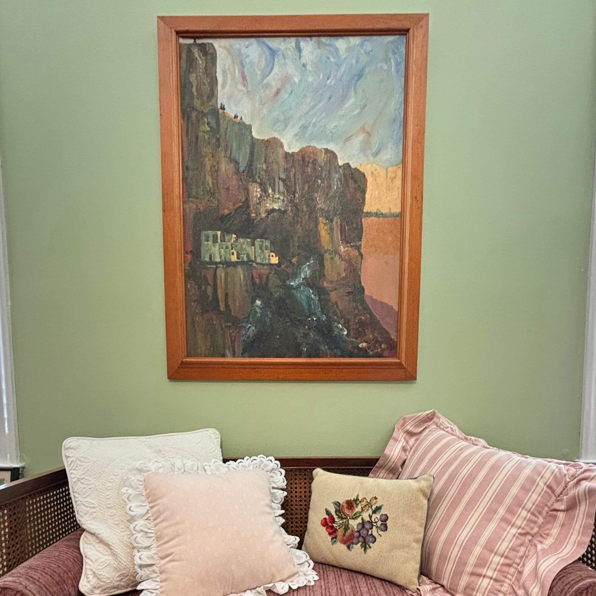 Large signed mountainside oil painting