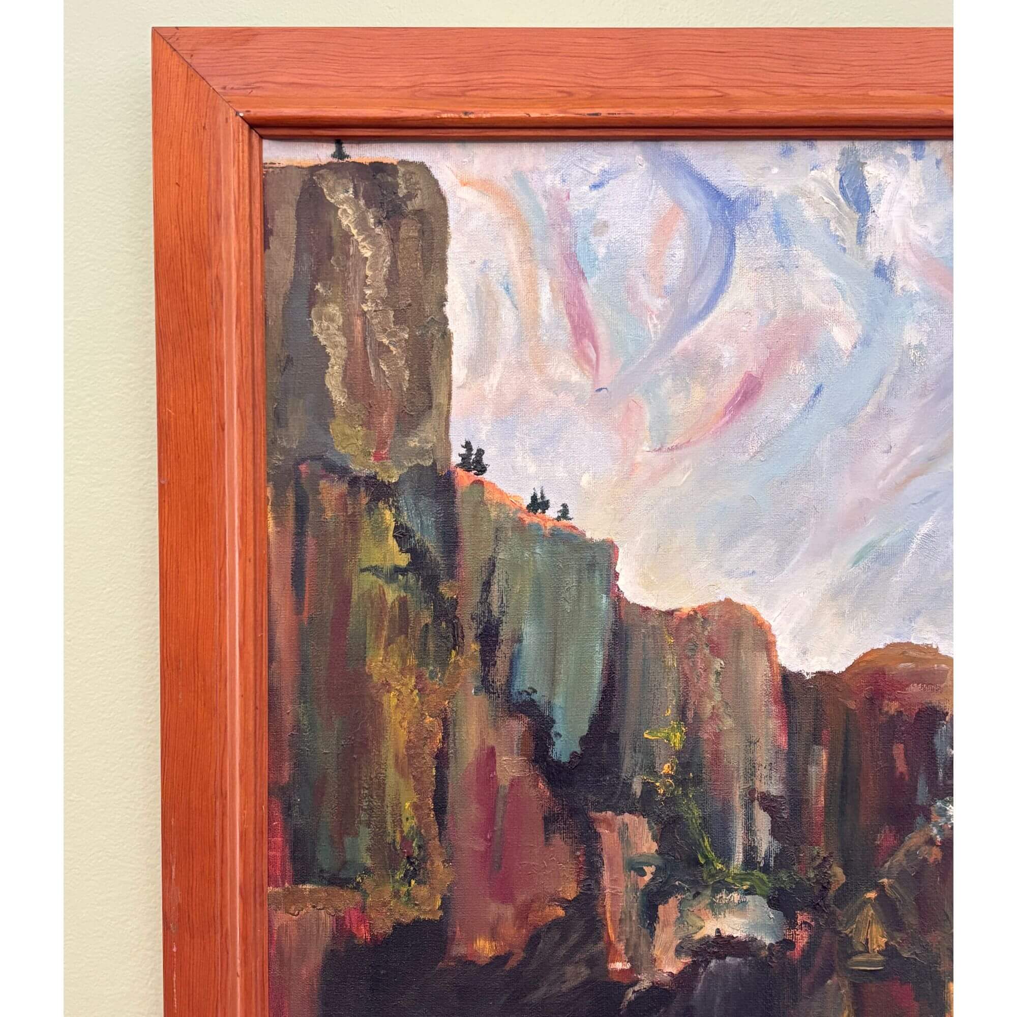Large Vintage Mountainside Swirly Sky Signed Oil Painting - Image 3