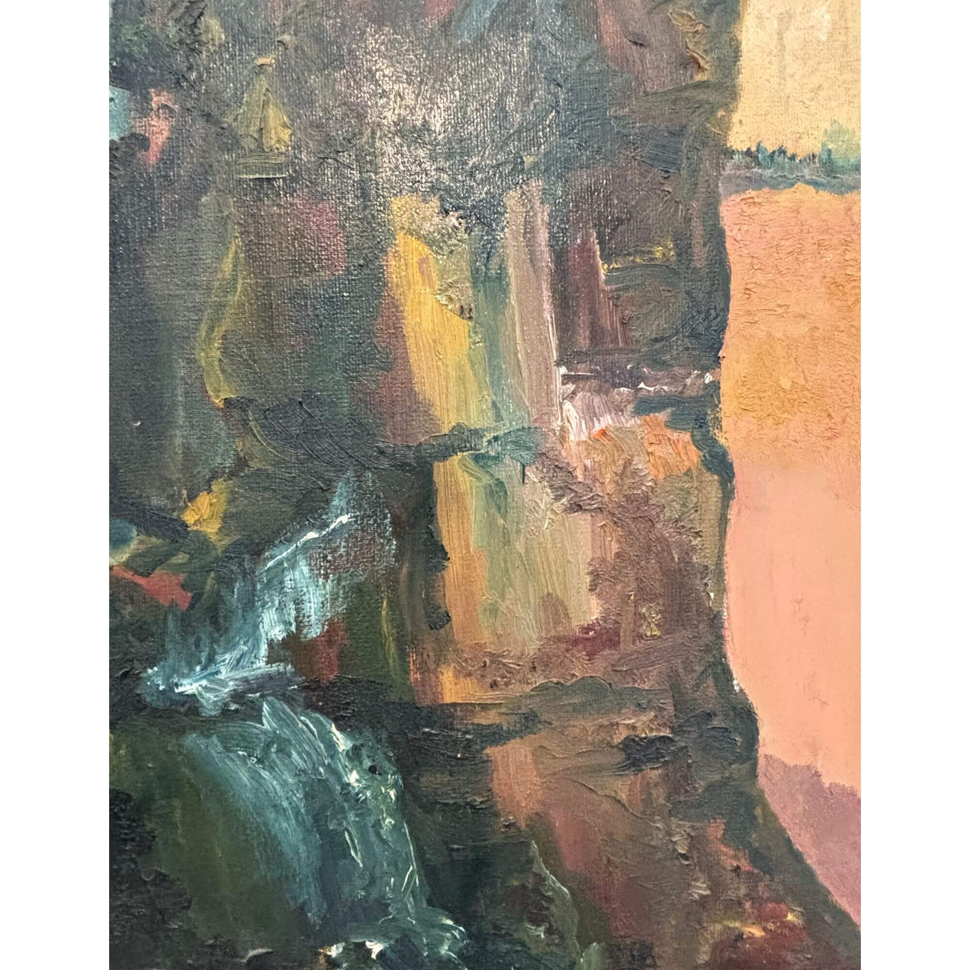 Large Vintage Mountainside Swirly Sky Signed Oil Painting - Image 2