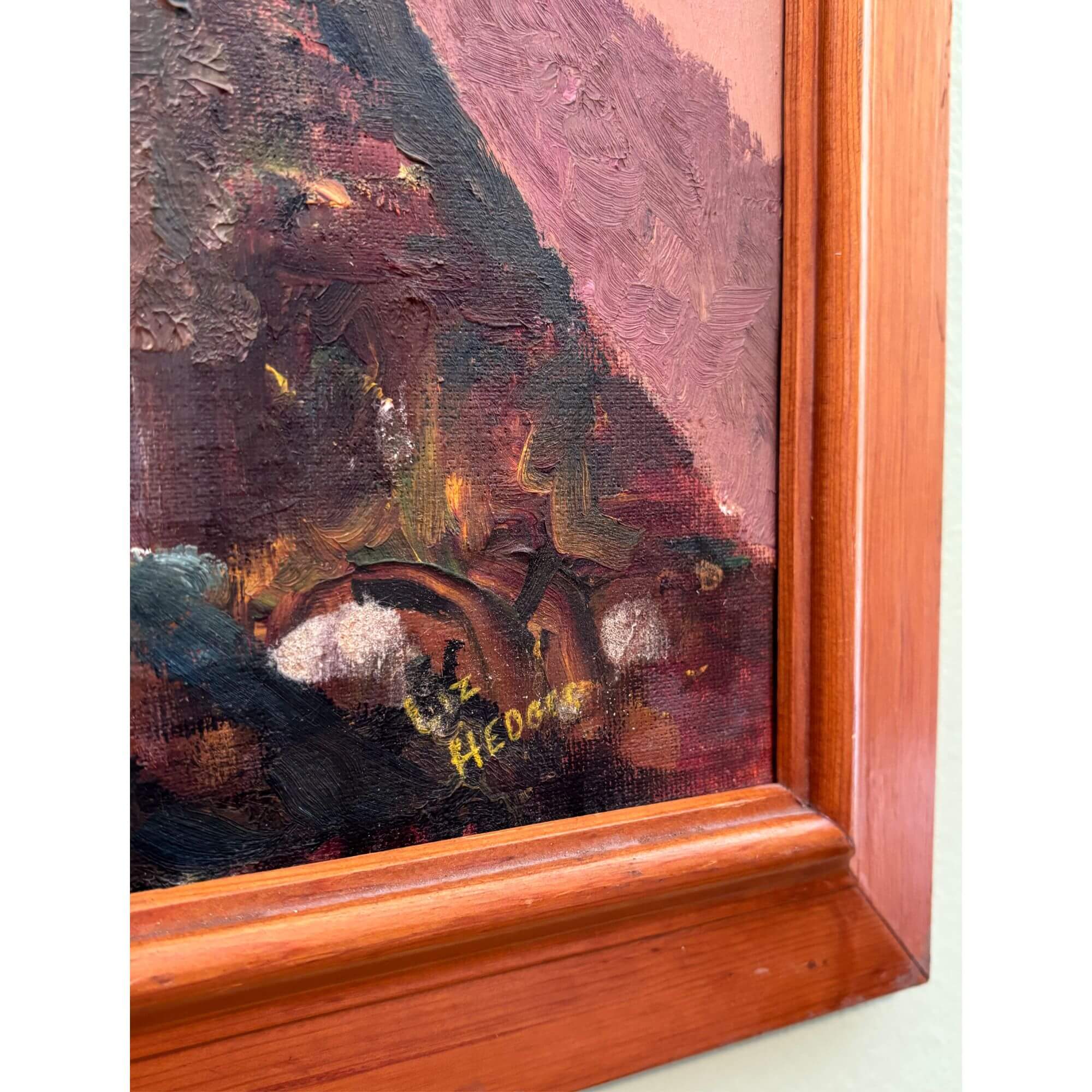 Large Vintage Mountainside Swirly Sky Signed Oil Painting - Image 4