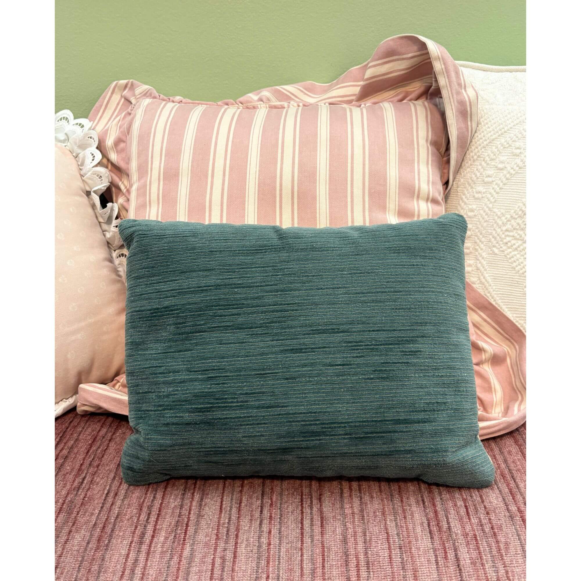 Vintage Pillows Soft Pinks, Stripes, White Candlewick & Ruffled Cushions - Image 2