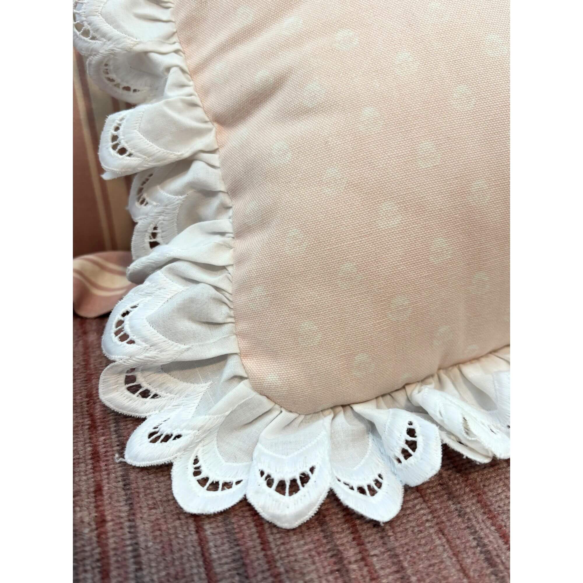 Vintage Pillows Soft Pinks, Stripes, White Candlewick & Ruffled Cushions - Image 3