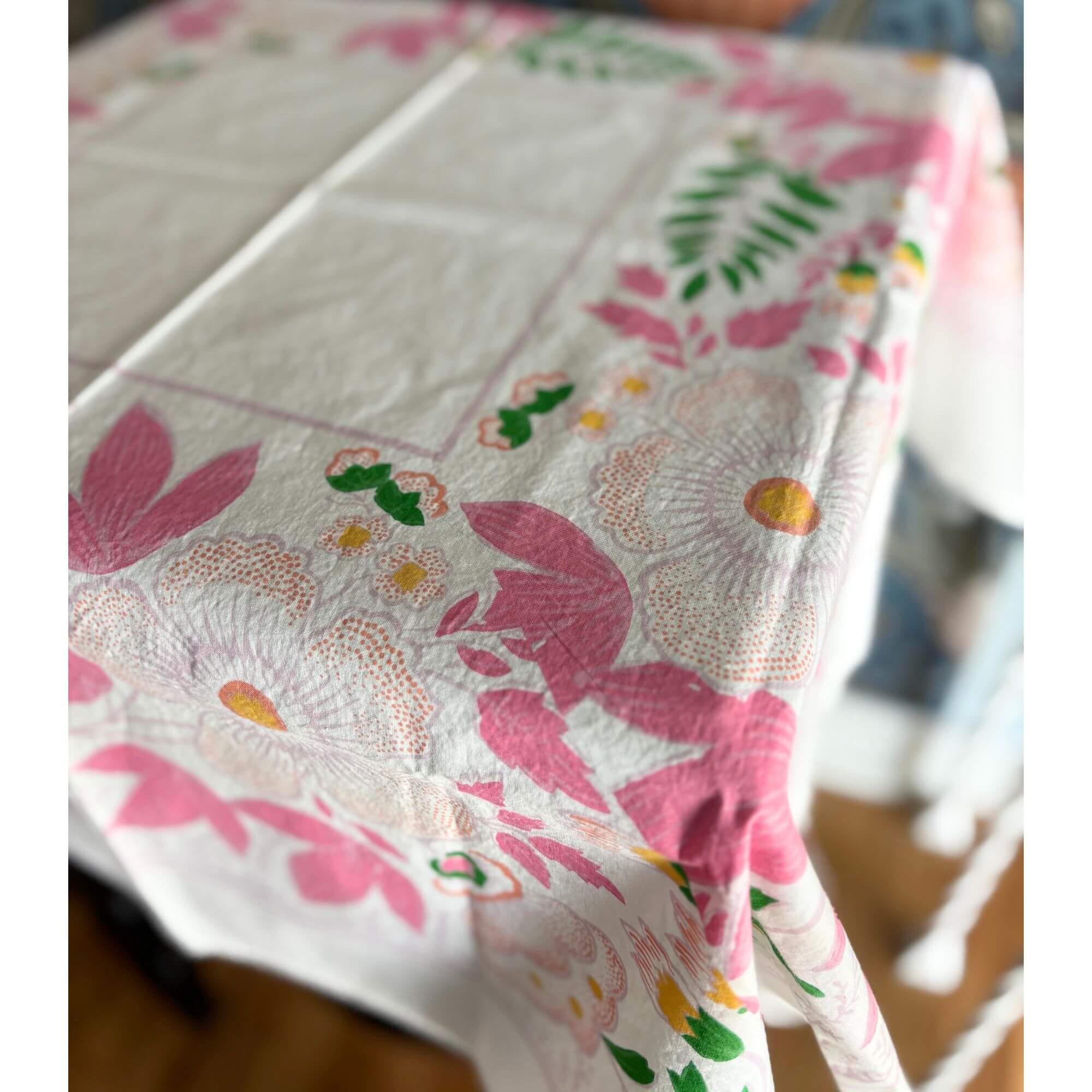 Vintage French pink floral tablecloth