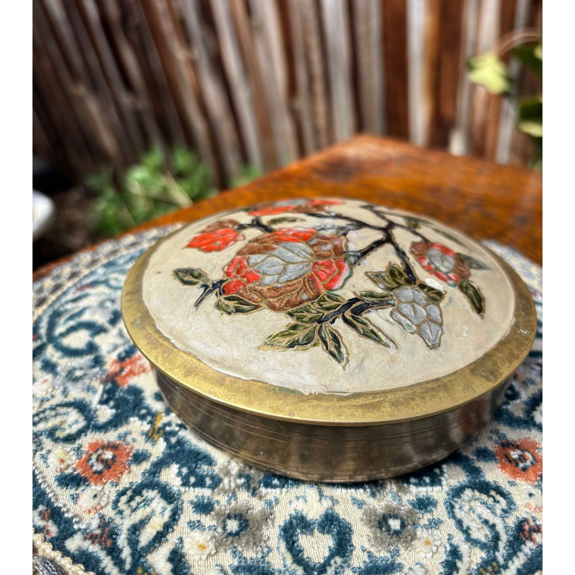 Vintage Brass Floral Enamel Bisque Beige Jar - Image 2