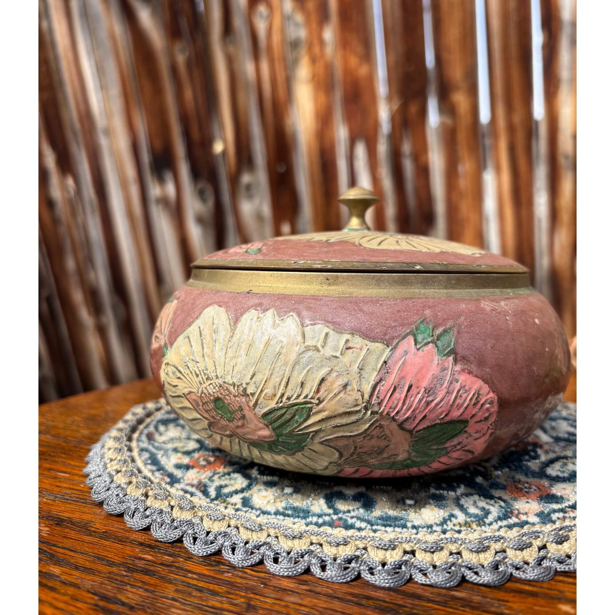 Vintage Brass Floral Enamel Mauve Jar - Image 2