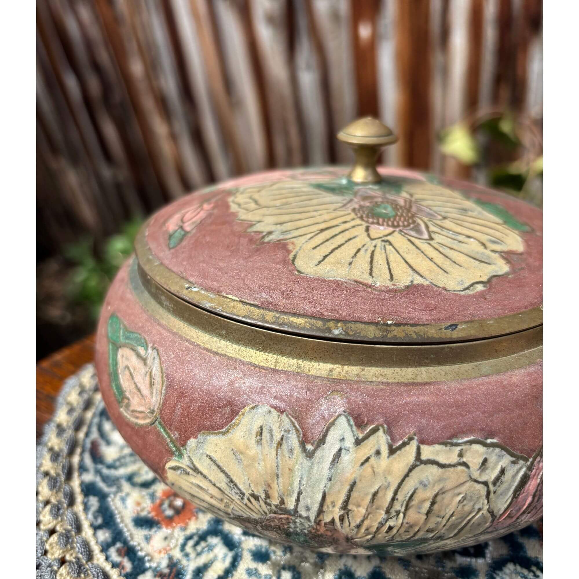 Vintage Brass Floral Enamel Mauve Jar - Image 3