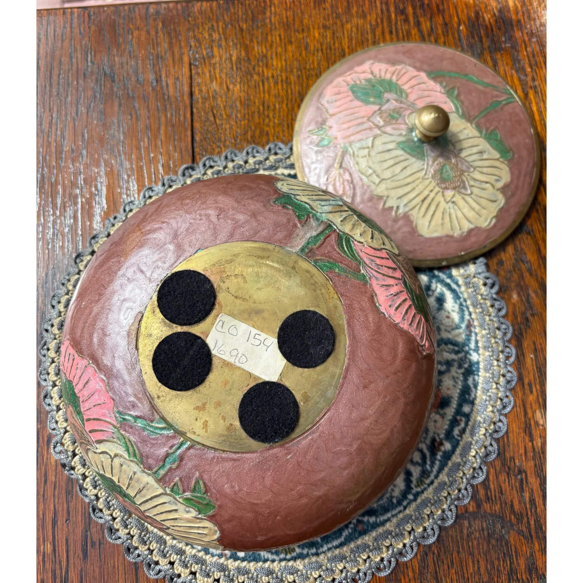 Vintage Brass Floral Enamel Mauve Jar - Image 4