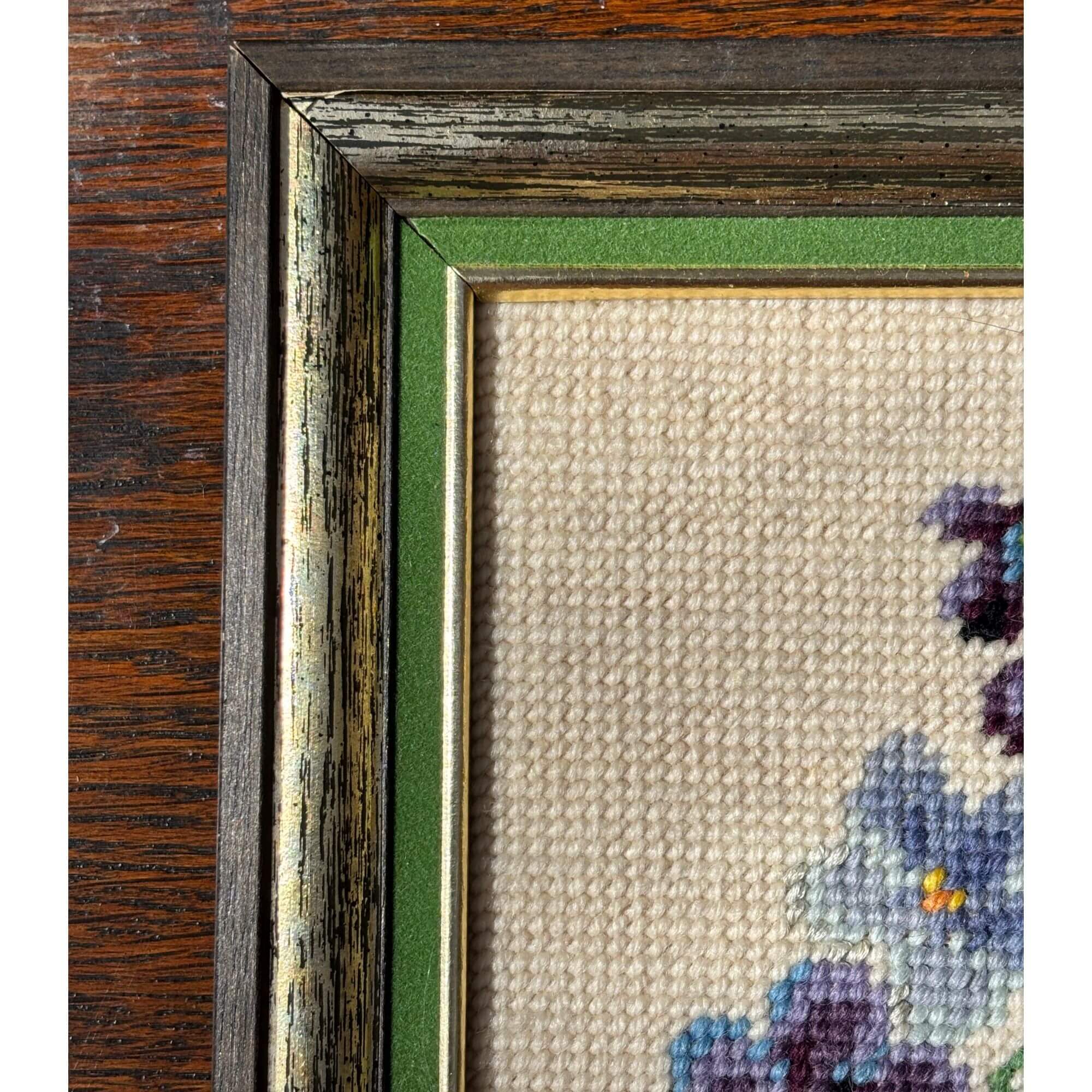 Vintage Morning Glory Velvet Framed Needlepoint - Image 2